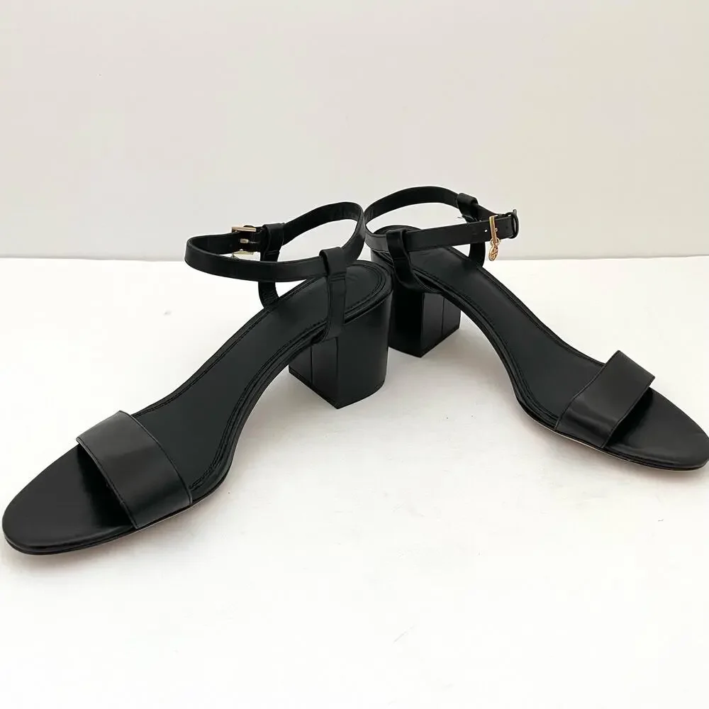 Tory Burch Black Leather Block Heel Sandals with Gold Buckle